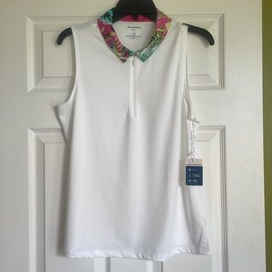 NWT Tommy Bahama Sleeveless 1/4 Zip Golf Polo Shirt Floral Tropical Collar Large